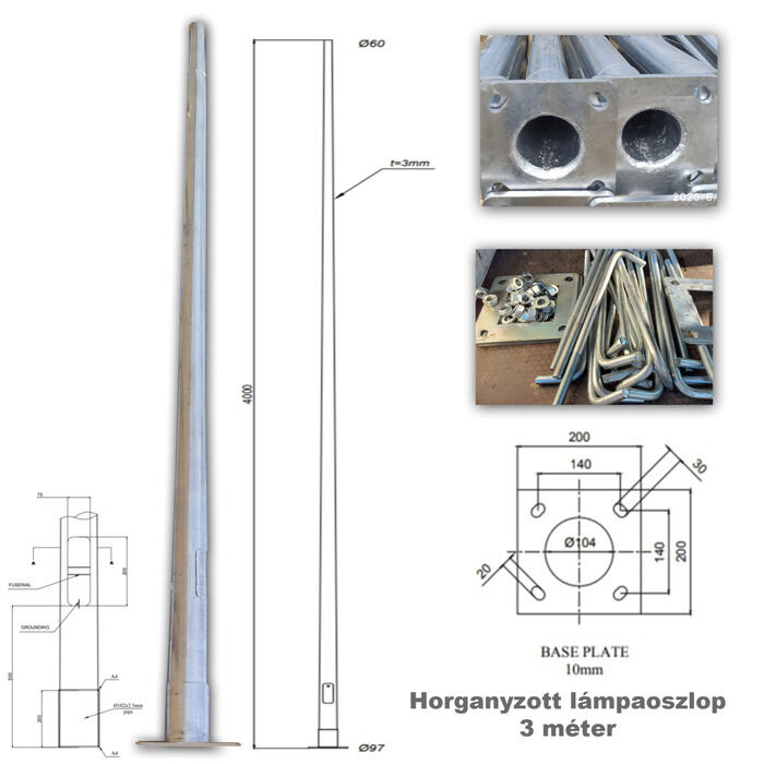 3 méter Horganyzott acél lámpaoszlop (szerelőajtó nélkül) UTCAI VILÁGÍTÁSHOZ-PREMIUM LINE