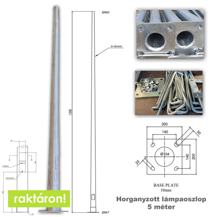 5 méter Horganyzott acél lámpaoszlop UTCAI VILÁGÍTÁSHOZ-PREMIUM LINE